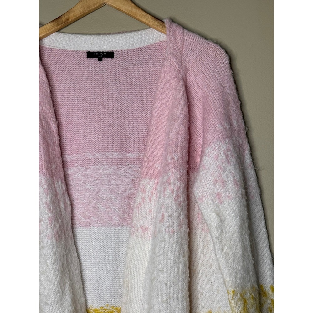 FRNCH Paris Pink White Mustard Yellow Colorblock Fuzzy Cardigan Sweater S/M - Picture 4 of 8